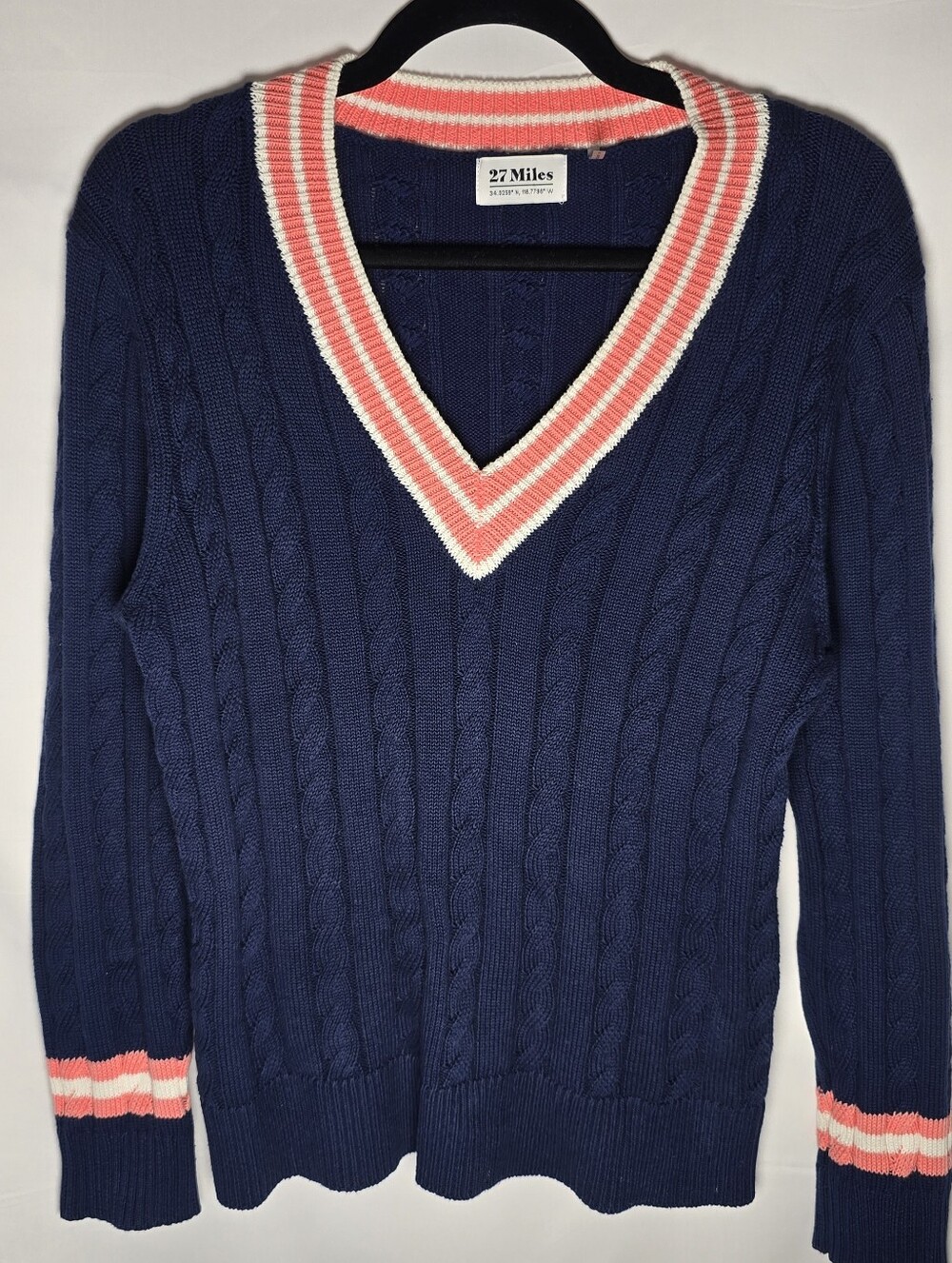 27 Miles Milana Cotton Cable Knit V Neck Varsity Sweater Navy Pink, Sz S